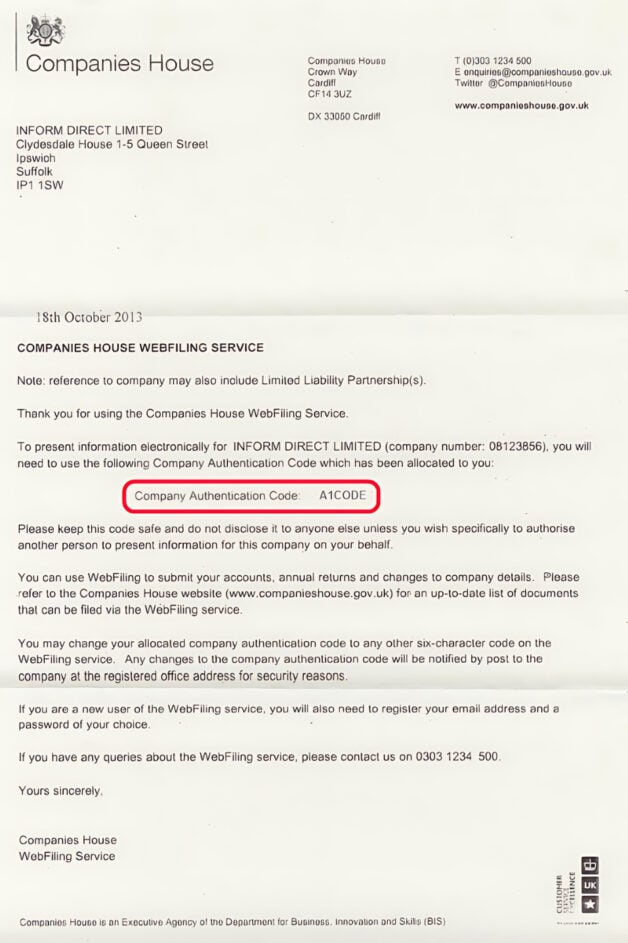 Companies House authentication code letter