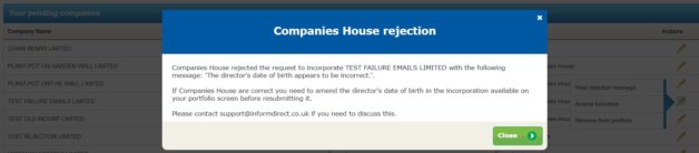 Incorporation rejection reason popup