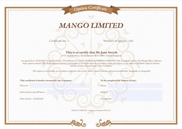 Share option certificates