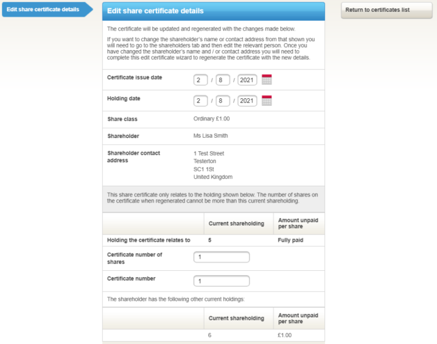 Edit share certificate