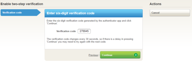 Enter six-digit verification code to enable two-step verification