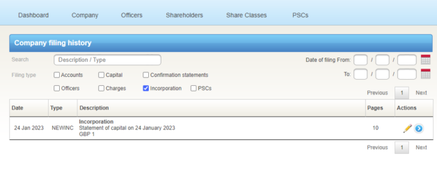 Filing history - incorporation certificate