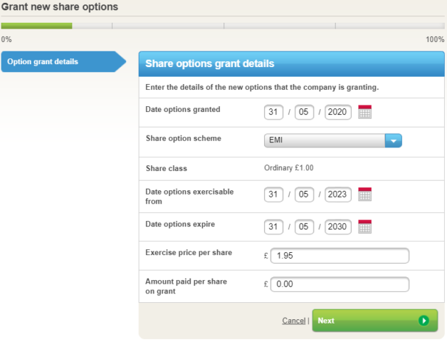 Grant options details screen