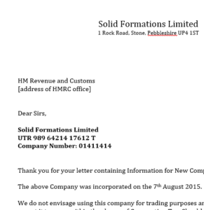 Letter confirming to HMRC a new company is to be dormant
