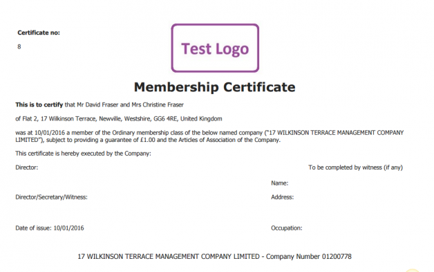 Membership Certificate - Company Limited by Guarantee