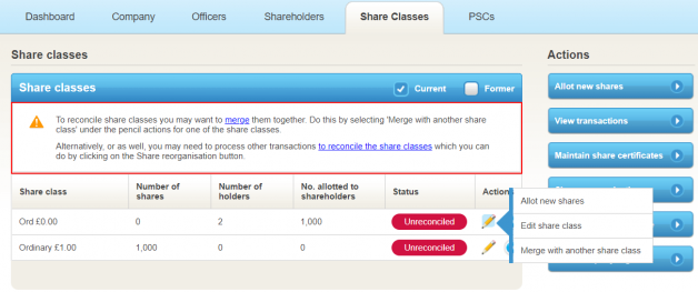 Merge share classes pencil option