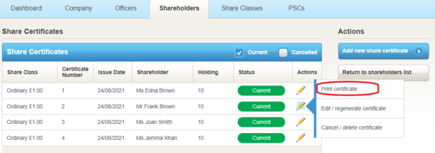 Screenshot of how to print a share certificate in Inform Direct