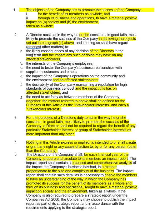 Articles of association changes for B Corp
