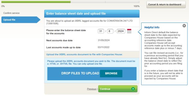 Check balance sheet date and upload iXBRL accounts file