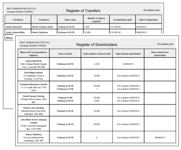 Share registers after a share transfer