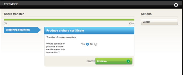 Screenshot of how to produce a share certificate after a process in Inform Direct