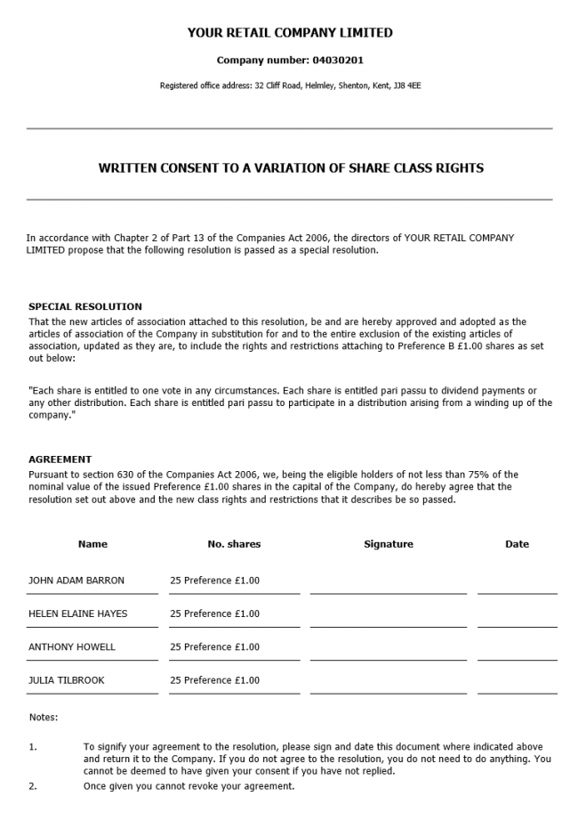 Written consent to variation of class rights
